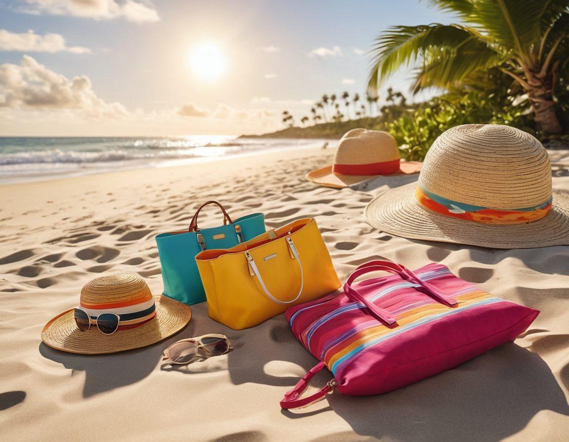 A stylish beach scene featuring a vibrant assortment of trendy swimwear displayed on a sandy beach, complemented by chic accessories like oversized sunglasses, colorful beach bags, and sun hats. Add playful beach elements like waves crashing and palm trees in the background to evoke relaxation. The atmosphere should exude a sense of luxury and pampering, inviting the viewer to imagine a perfect getaway. super-realistic. vibrant colors. beach vibes.