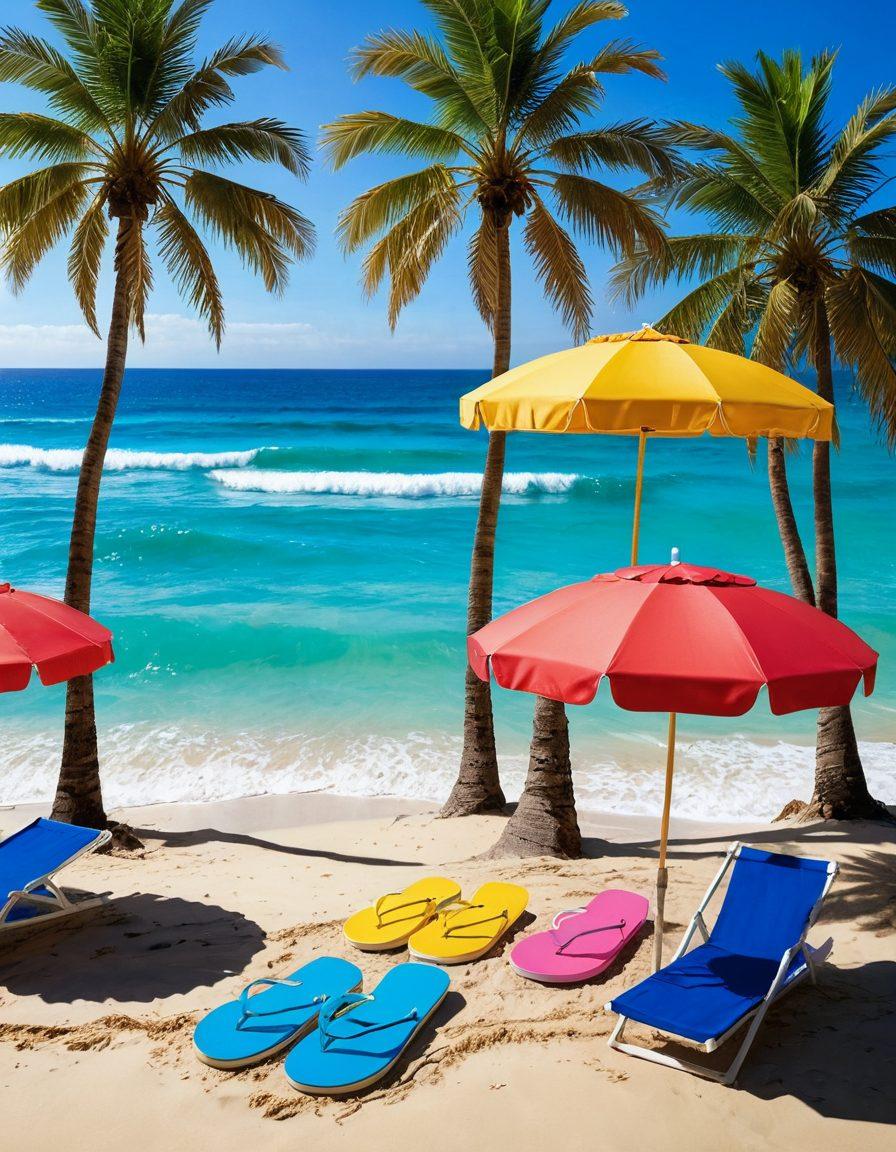 A sun-soaked beach scene showcasing a vibrant collection of fashionable two-piece sets hung on a backdrop of palm trees and blue ocean waves. Include playful elements like colorful beach umbrellas, flip-flops, and stylish gift cards peeking from a sandy area, inviting fans of summer fashion. The scene should radiate warmth and excitement, perfect for beach lovers looking to elevate their wardrobe. bright colors. super-realistic. sunny ambiance.