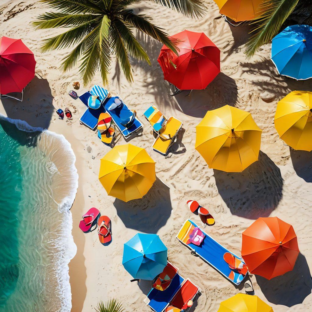 A colorful beach scene featuring a variety of trendy swimwear on display, with vibrant beach umbrellas and sun loungers in the background. Include elements like tropical drinks, seashells, and beach balls to enhance the summer vibe. The setting should evoke a feeling of fun and relaxation, showcasing both men and women's swimwear styles. Use bright, cheerful colors to convey the essence of summer. super-realistic. vibrant colors. beach setting.